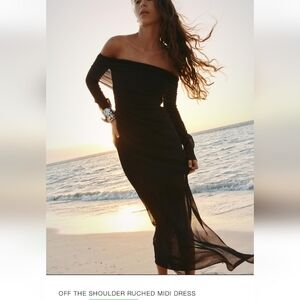 Zara Black Off-the-Shoulder Ruched Midi Dress